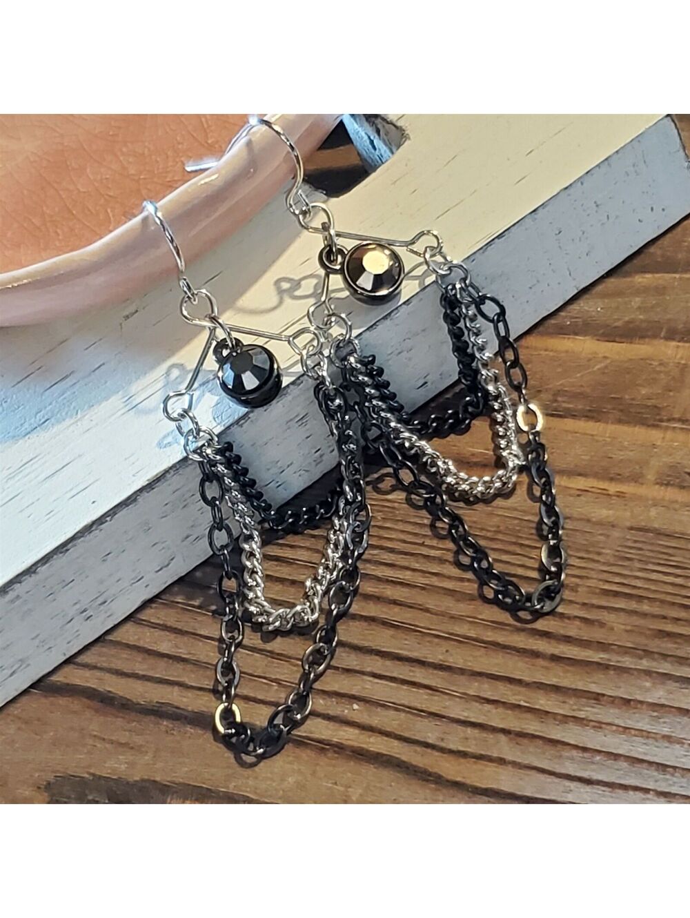 Silver Gunmetal Grey Handcrafted Triple Chain Crystal Dangle Earrings